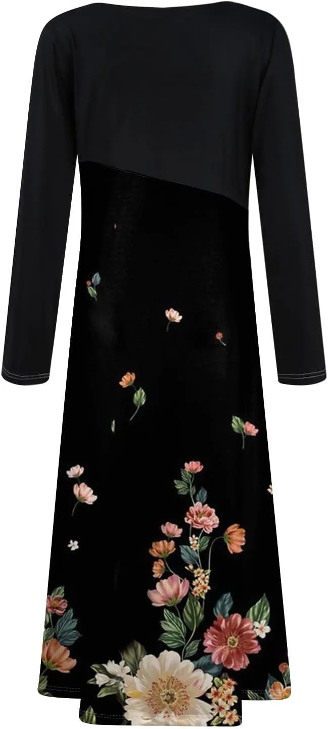 Women's Long Sleeve Spring Dresses V Neck Boho Floral High Waist A Line Flowy Dress Cocktail Party Maxi Dresses