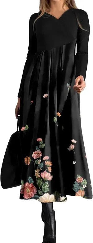 Women's Long Sleeve Spring Dresses V Neck Boho Floral High Waist A Line Flowy Dress Cocktail Party Maxi Dresses