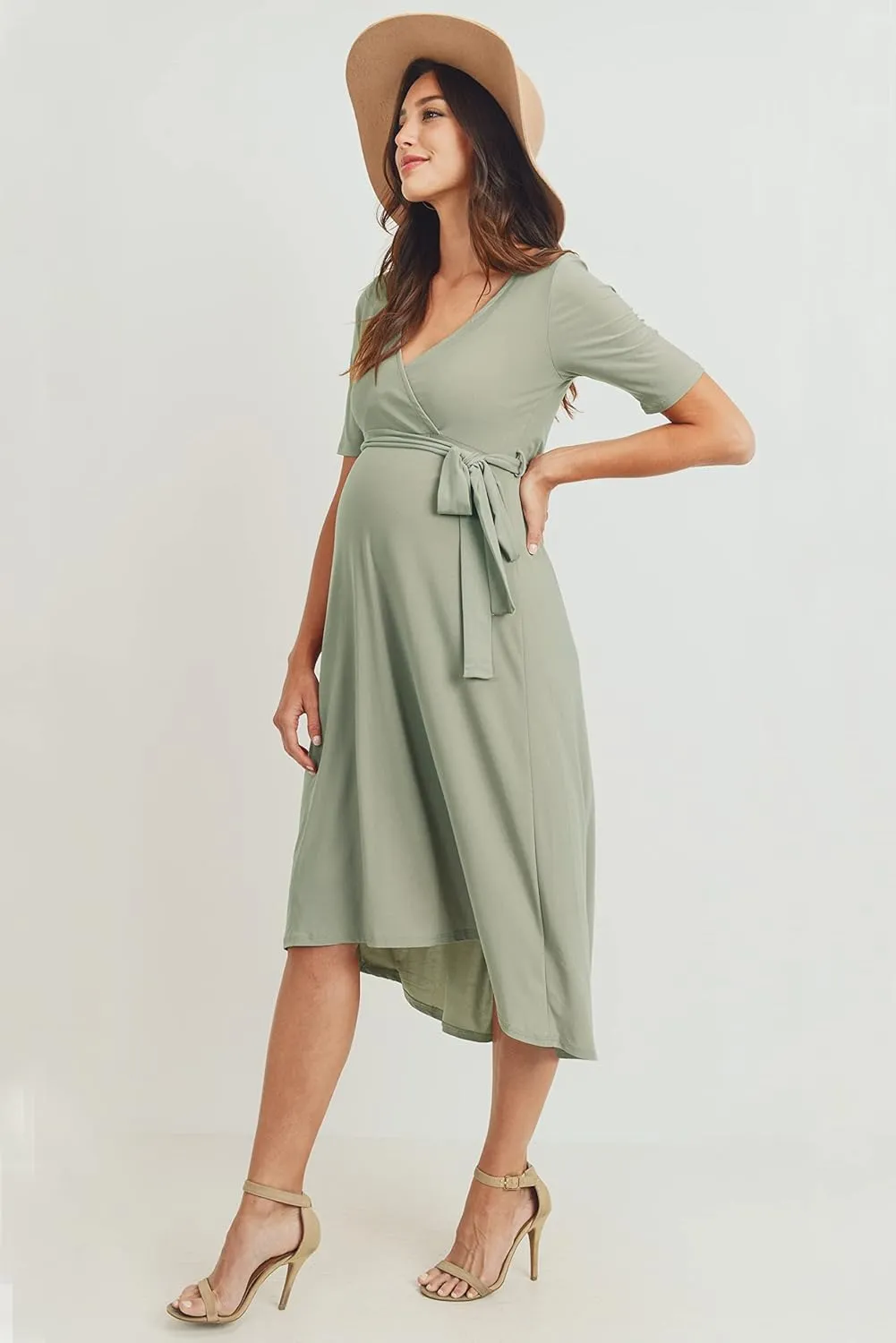 Women's Maternity Wrap Dress Midi Length with Waist Belt
