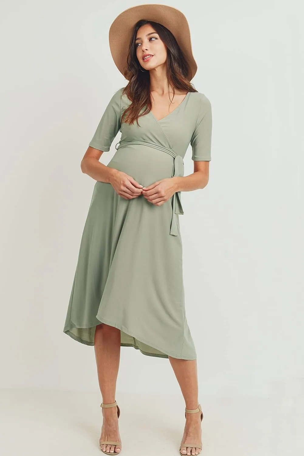 Women's Maternity Wrap Dress Midi Length with Waist Belt