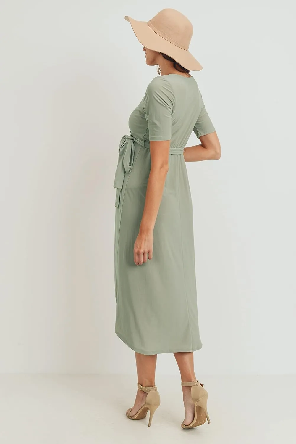 Women's Maternity Wrap Dress Midi Length with Waist Belt