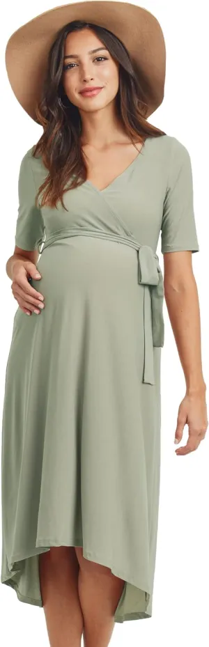 Women's Maternity Wrap Dress Midi Length with Waist Belt