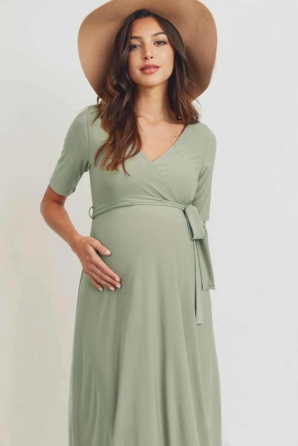 Women's Maternity Wrap Dress Midi Length with Waist Belt