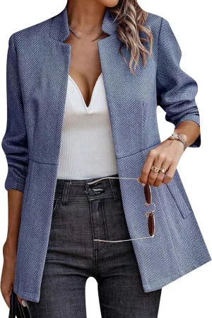 Women's Mid Length Plus Size Classic Jacket Fall Winter Business Outerwear Wool Blend Full Lining Checkered Blazer