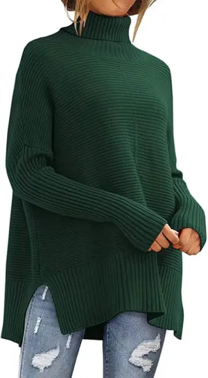 Women's Oversized Pullover Solid Turtle Neck Batwing Striped Knitted Sweater Slit Wide Hem Loose Fit Outwear Sweater