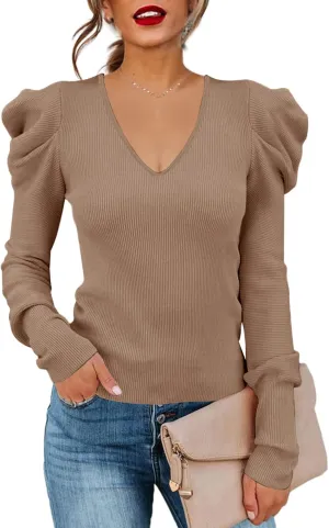Women's Puff Long Sleeve Knit Pullover Sweaters Casual V Neck Ribbed Solid Soft Slim Fit Sweater Blouse Tops