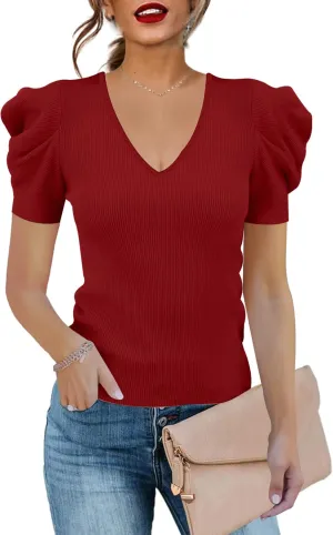 Women's Puff Long Sleeve Knit Pullover Sweaters Casual V Neck Ribbed Solid Soft Slim Fit Sweater Blouse Tops