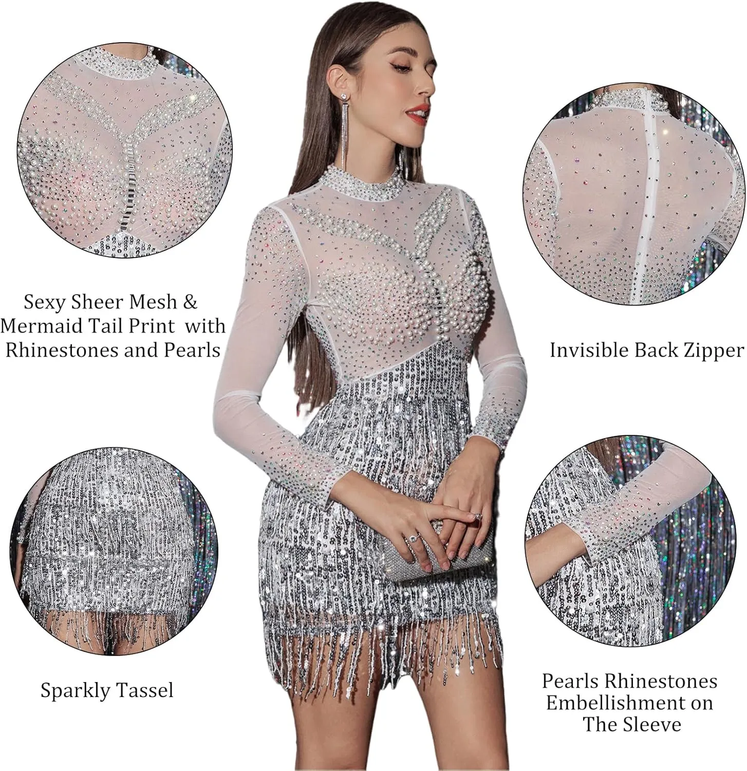 Women's Sexy Birthday Club Mini Dress with Pearls Rhinestones Sparkly Dresses