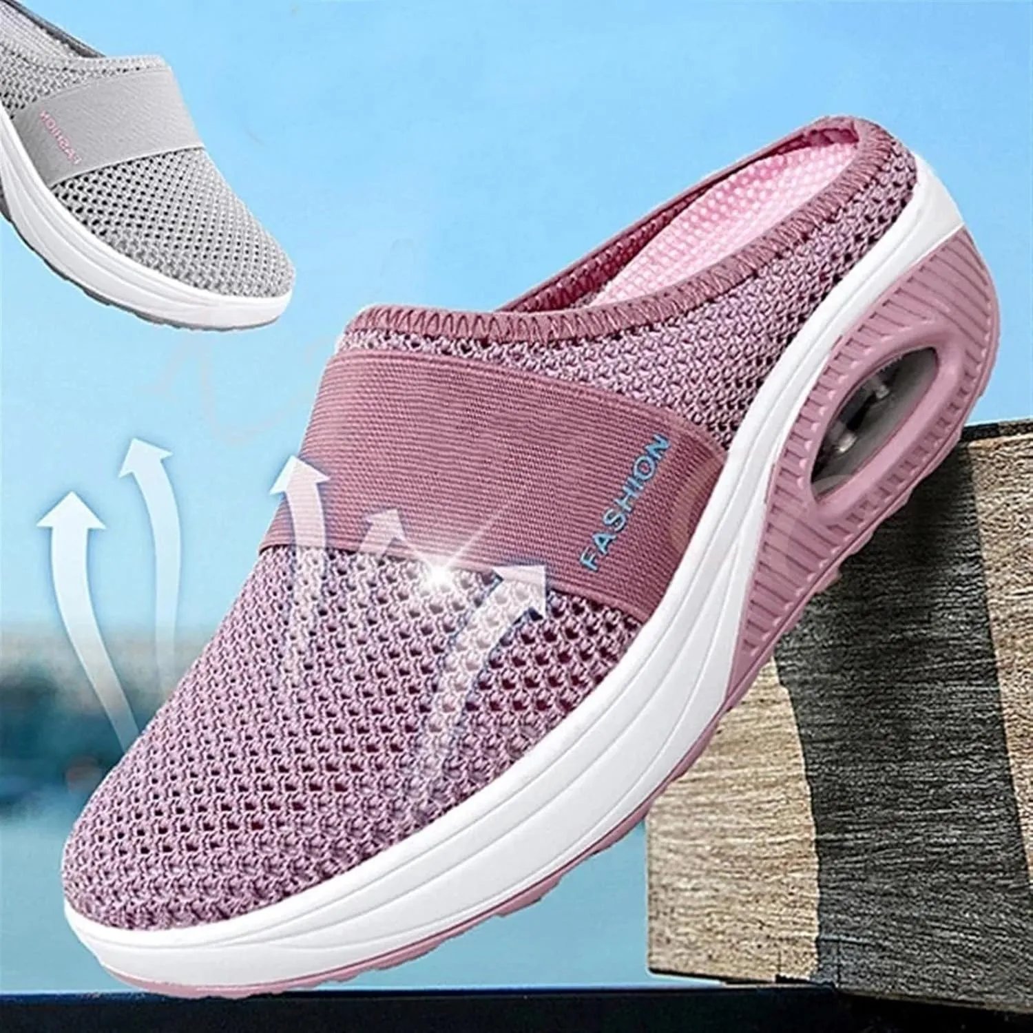 Womens Slip On Clogs and Mules Orthopedic Walking Shoes Non-Slip Mesh Diabetic Air Cushion Loafers Shoes with Arch-Support Open Back Slip On Breathable Slippers Closed Toe Slides Sneakers