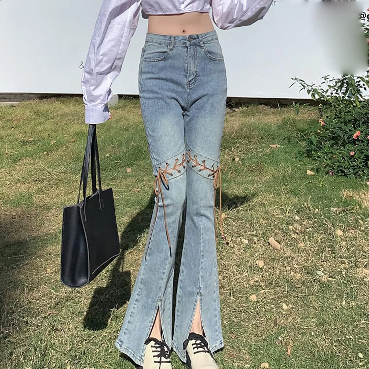 Womens Slit Ankle Flare Jeans High Waisted Skinny Bell Bottom Denim Pants Casual Slim Fit Butt Lift Wide Leg Jean