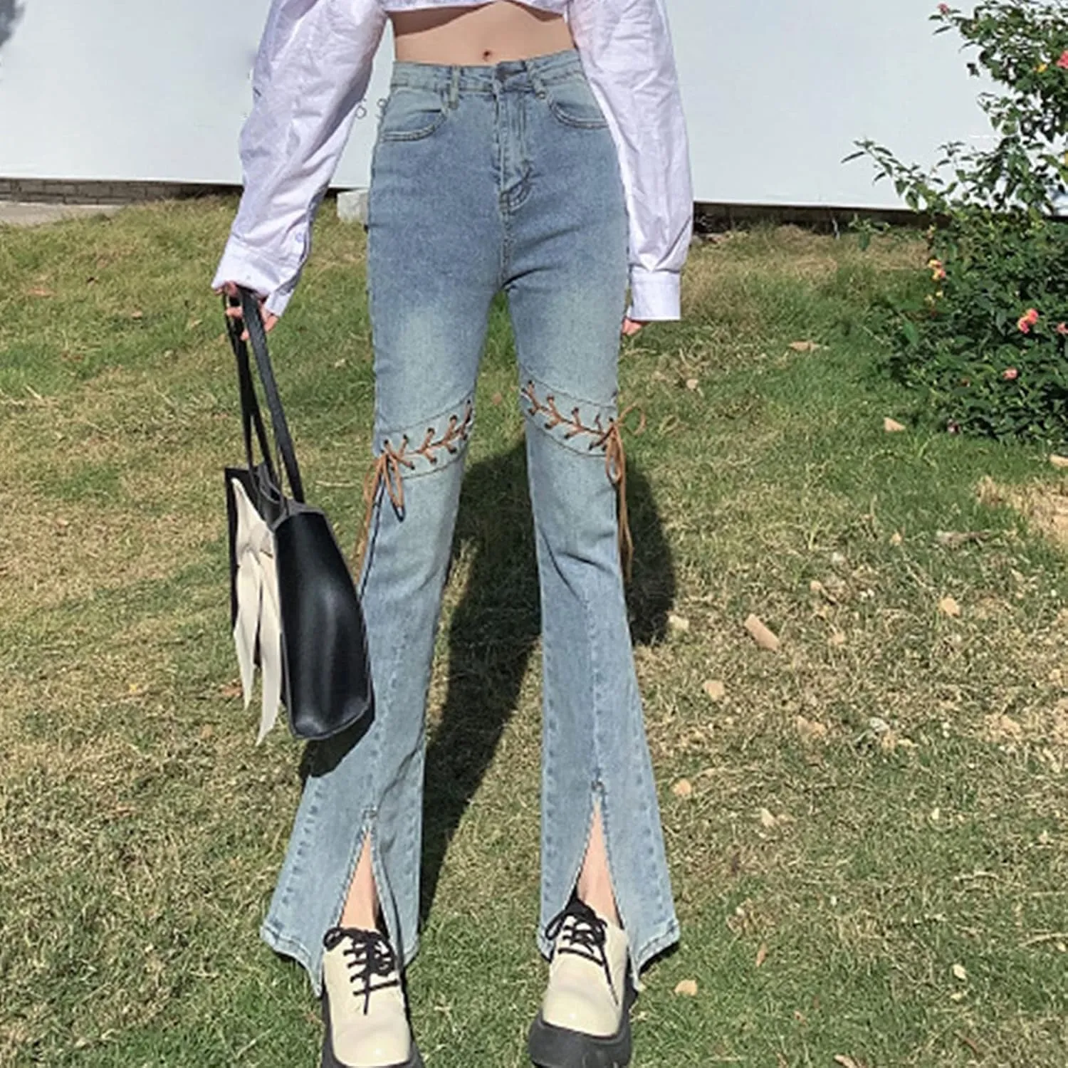 Womens Slit Ankle Flare Jeans High Waisted Skinny Bell Bottom Denim Pants Casual Slim Fit Butt Lift Wide Leg Jean