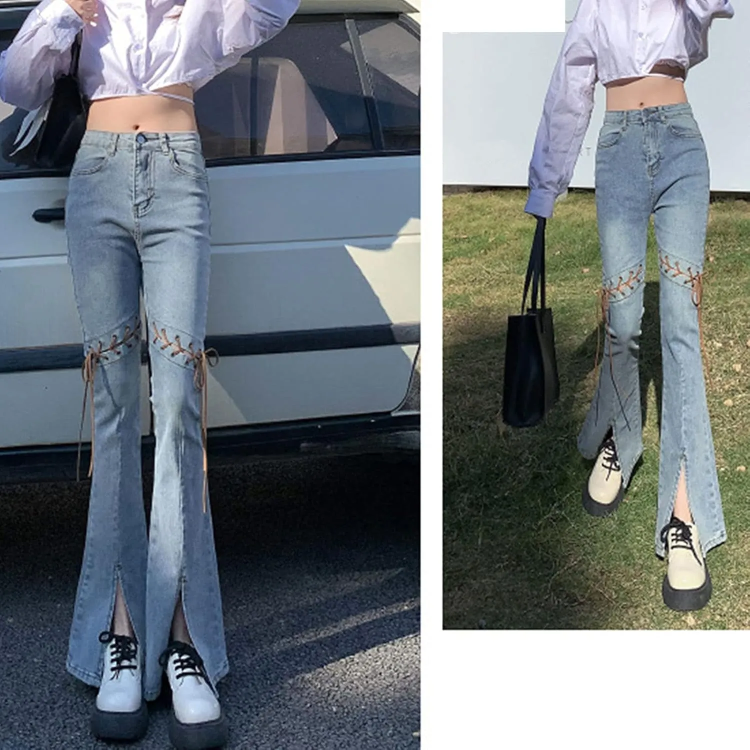 Womens Slit Ankle Flare Jeans High Waisted Skinny Bell Bottom Denim Pants Casual Slim Fit Butt Lift Wide Leg Jean