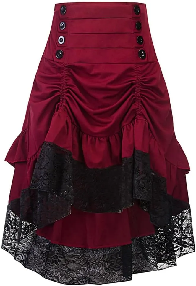 Women's Solid Color High Waist Button Lace Stitching Ruched Drawstring Irregular Skirt
