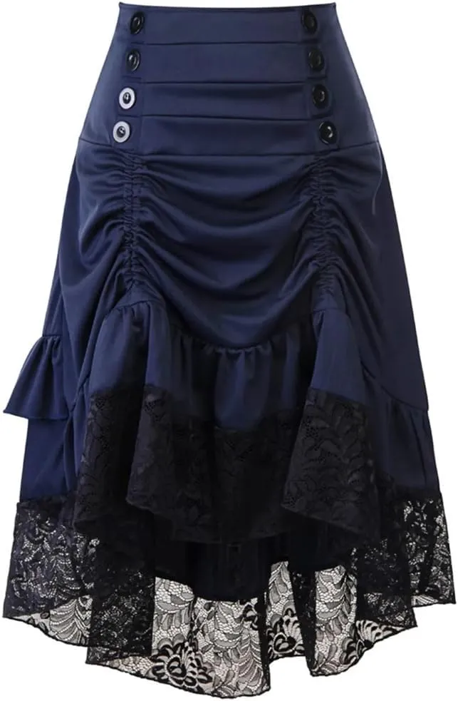 Women's Solid Color High Waist Button Lace Stitching Ruched Drawstring Irregular Skirt