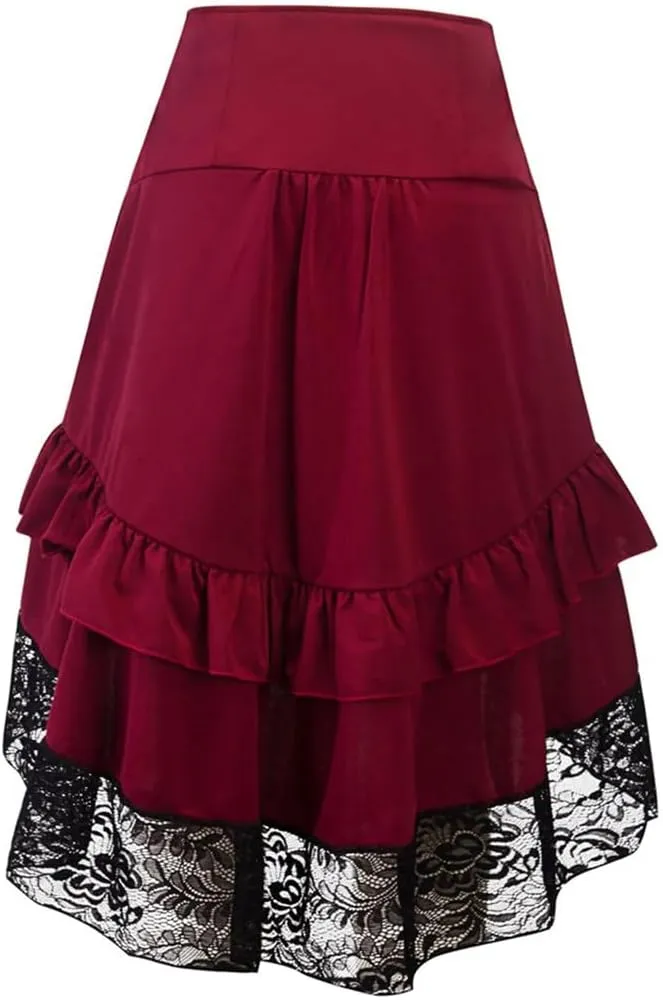 Women's Solid Color High Waist Button Lace Stitching Ruched Drawstring Irregular Skirt