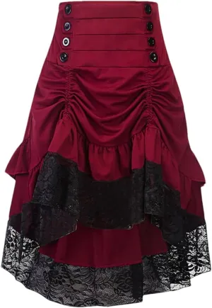 Women's Solid Color High Waist Button Lace Stitching Ruched Drawstring Irregular Skirt