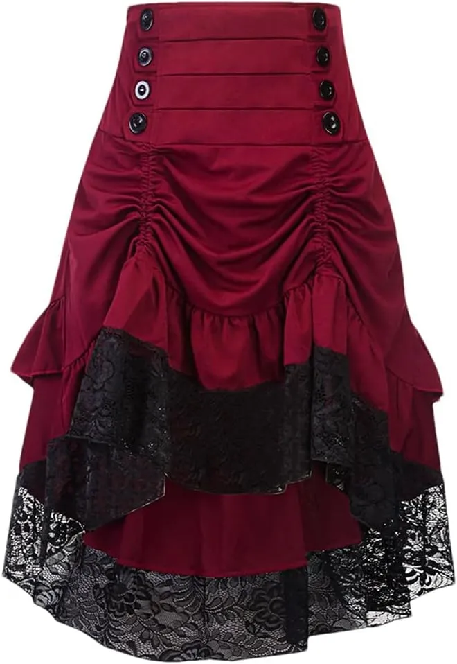 Women's Solid Color High Waist Button Lace Stitching Ruched Drawstring Irregular Skirt