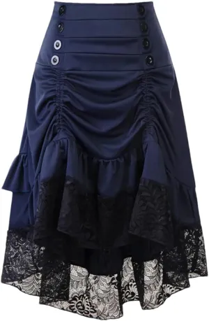 Women's Solid Color High Waist Button Lace Stitching Ruched Drawstring Irregular Skirt