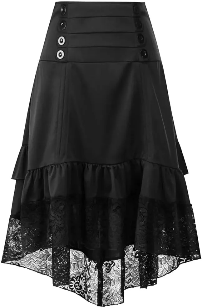 Women's Solid Color High Waist Button Lace Stitching Ruched Drawstring Irregular Skirt