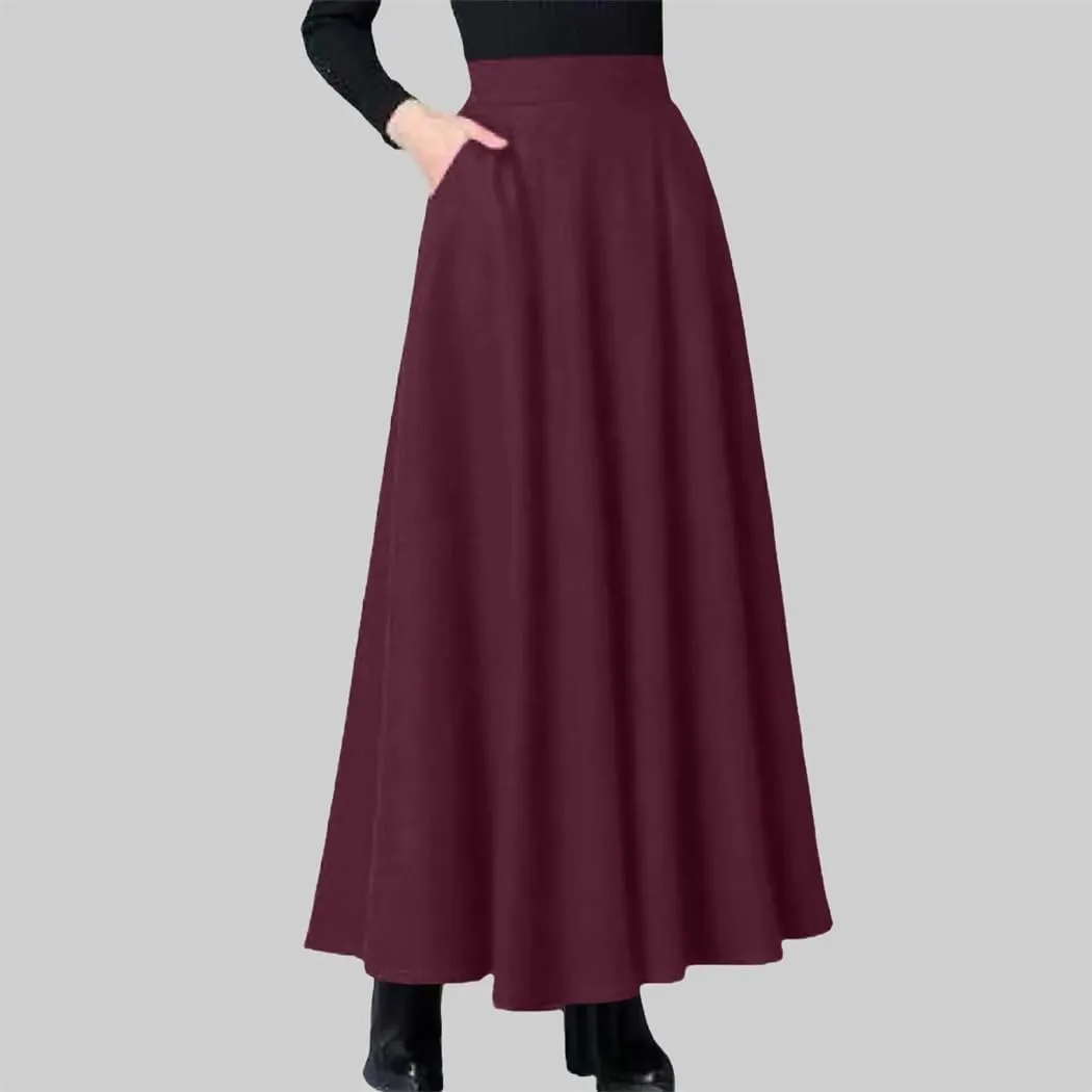 Women's Spring and Autumn Midi Length Skirt High Waist Wide Dance Large Swing with Pockets Skirts