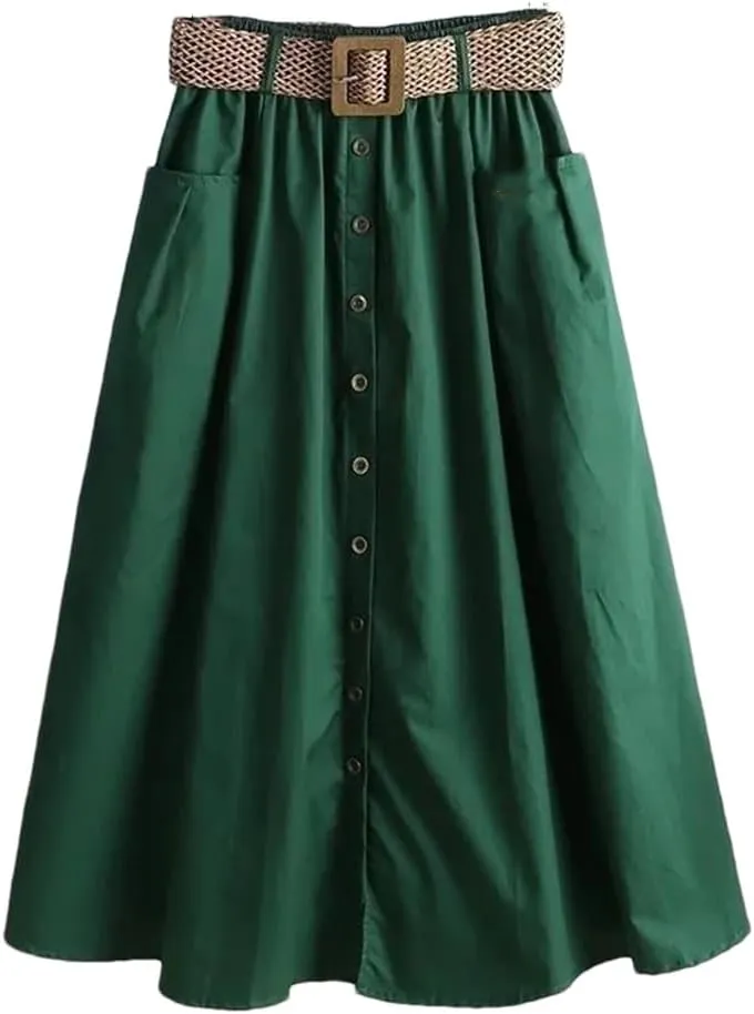 Women's Spring Autumn Skirt Solid Pockets Elasticity High Waist Belt A-Line Fashion Big Swing Skirts