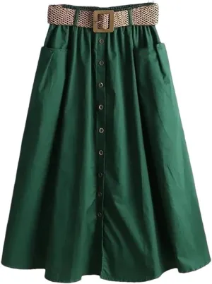 Women's Spring Autumn Skirt Solid Pockets Elasticity High Waist Belt A-Line Fashion Big Swing Skirts