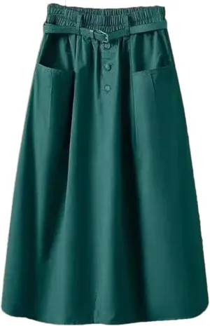 Women's Spring Autumn Skirt Solid Pockets High Waist A-Line Casual Slim Fit Big Swing Skirts