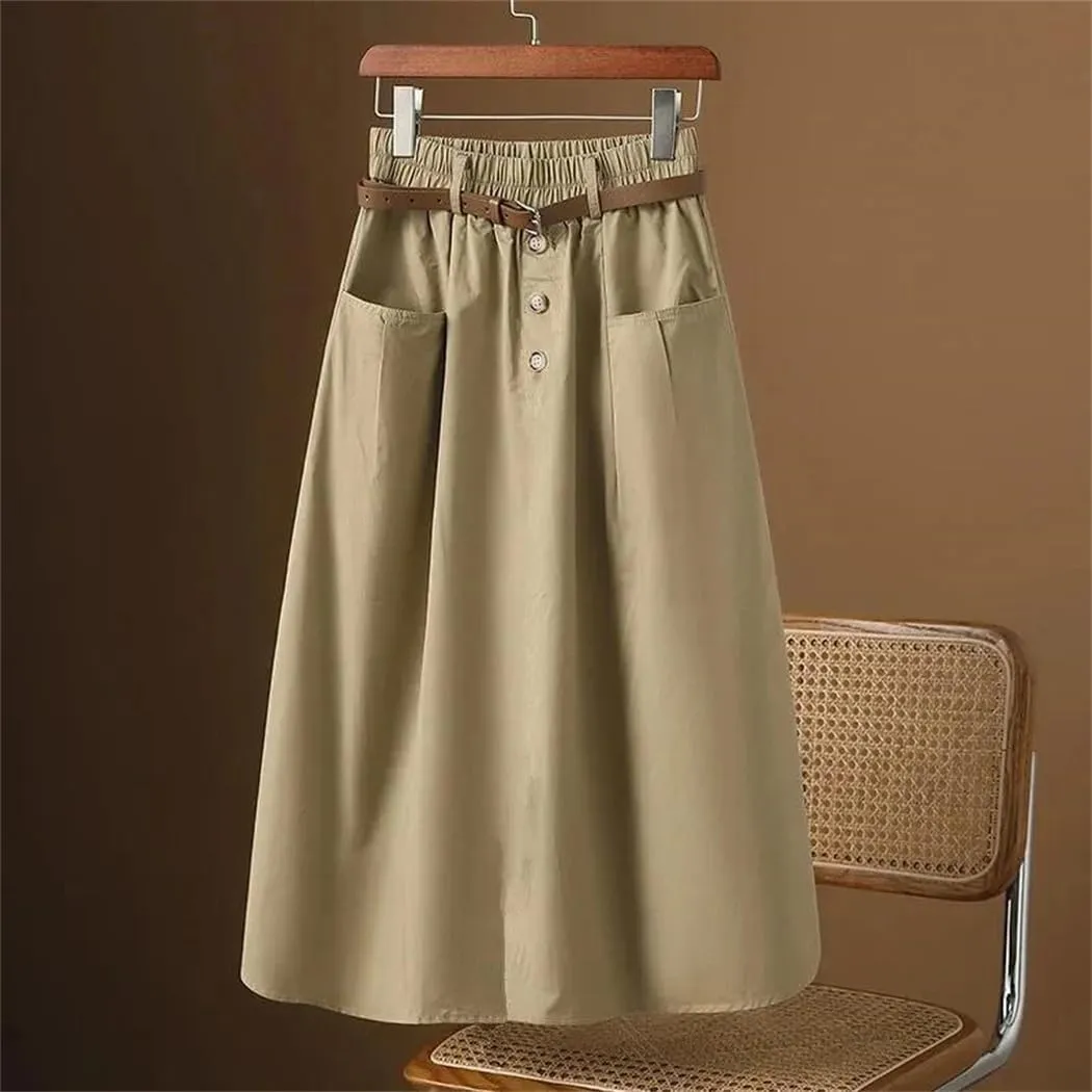 Women's Spring Autumn Skirt Solid Pockets High Waist A-Line Casual Slim Fit Big Swing Skirts