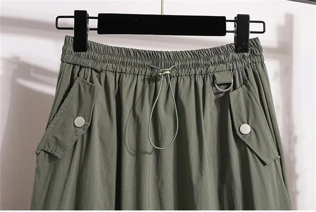 Women's Spring Summer Korean Casual Skirt Slim Lace Up Elastic High Waist A-Line Maxi Work Skirts