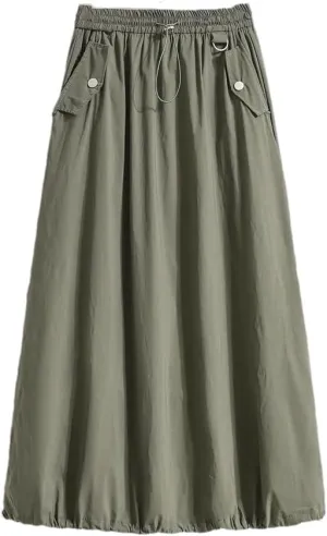 Women's Spring Summer Korean Casual Skirt Slim Lace Up Elastic High Waist A-Line Maxi Work Skirts