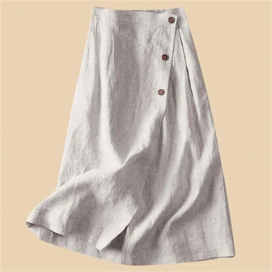 Women's Summer Cotton Linen Skirts Casual Medium Length Large Swing with Button Skirt