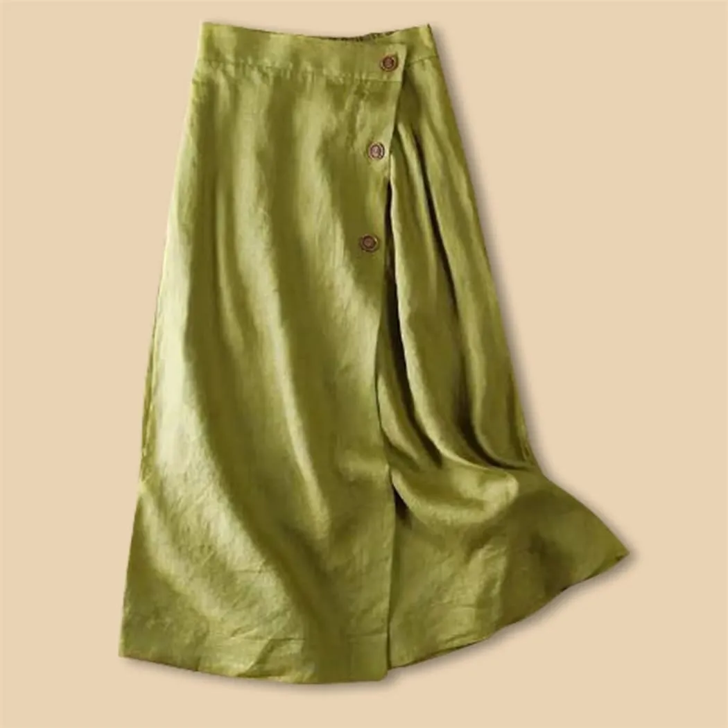 Women's Summer Cotton Linen Skirts Casual Medium Length Large Swing with Button Skirt