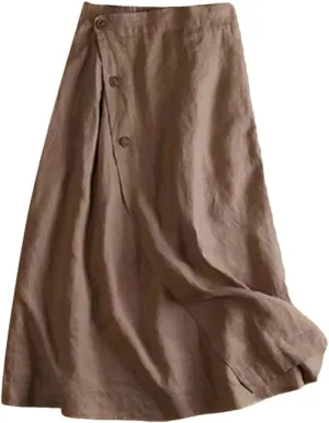 Women's Summer Cotton Linen Skirts Casual Medium Length Large Swing with Button Skirt