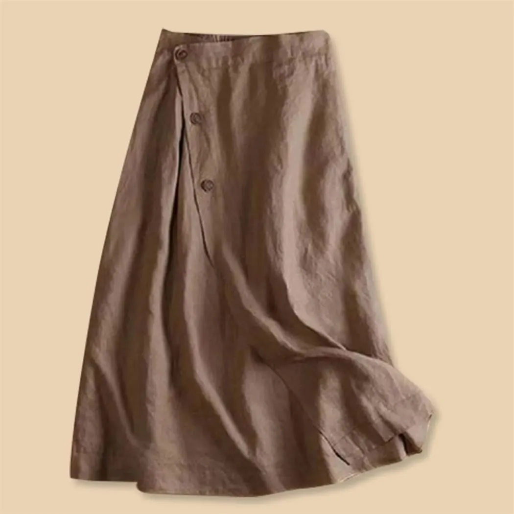 Women's Summer Cotton Linen Skirts Casual Medium Length Large Swing with Button Skirt