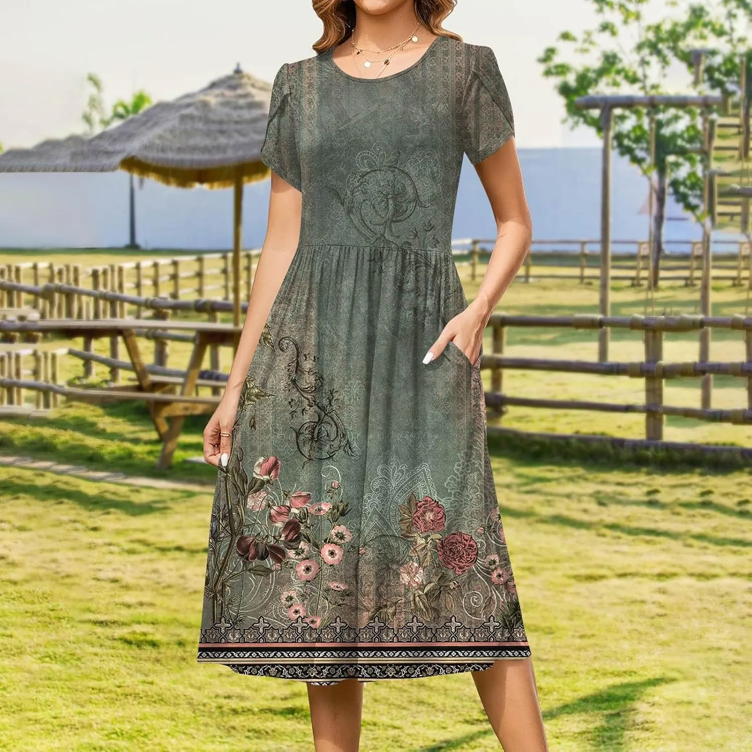 Womens Summer Fashion Dresses Round Neck Flutter Short Sleeve Midi Dress Boho Floral Printed Party Dresses