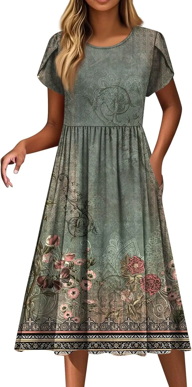 Womens Summer Fashion Dresses Round Neck Flutter Short Sleeve Midi Dress Boho Floral Printed Party Dresses