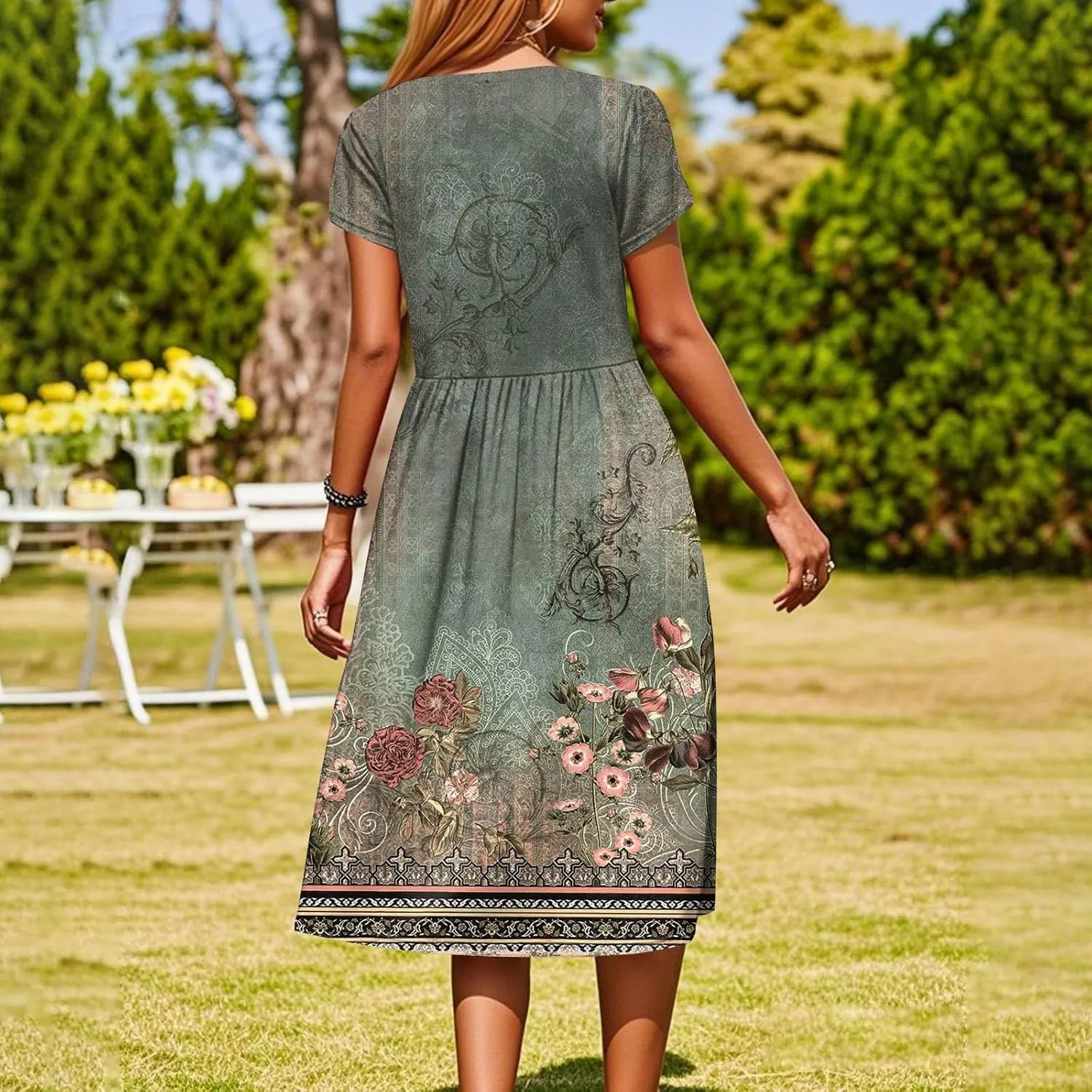 Womens Summer Fashion Dresses Round Neck Flutter Short Sleeve Midi Dress Boho Floral Printed Party Dresses