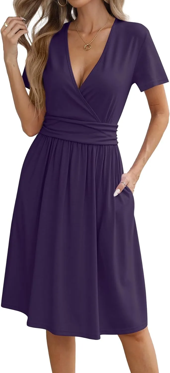 Women's Summer Short Sleeve Casual Wrap Dresses V-Neck with Pockets Elastic Waist Flowy Midi Beach Dress