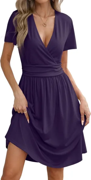 Women's Summer Short Sleeve Casual Wrap Dresses V-Neck with Pockets Elastic Waist Flowy Midi Beach Dress
