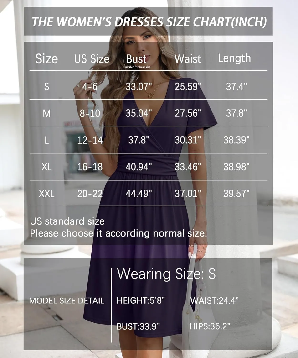 Women's Summer Short Sleeve Casual Wrap Dresses V-Neck with Pockets Elastic Waist Flowy Midi Beach Dress