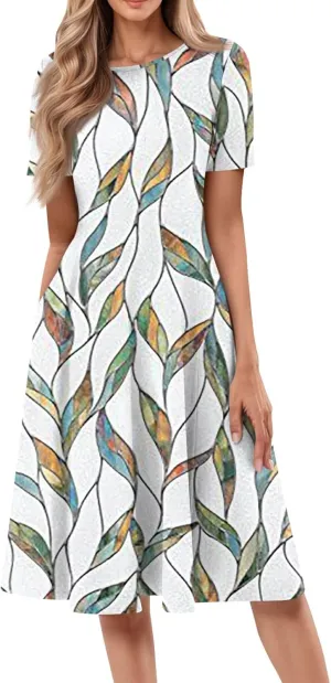 Womens Summer Short Sleeve Midi Dresses Casual Floral A-Line Dress Flowy Beach Vacation Sundress with Pocket