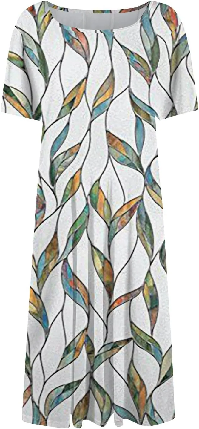 Womens Summer Short Sleeve Midi Dresses Casual Floral A-Line Dress Flowy Beach Vacation Sundress with Pocket