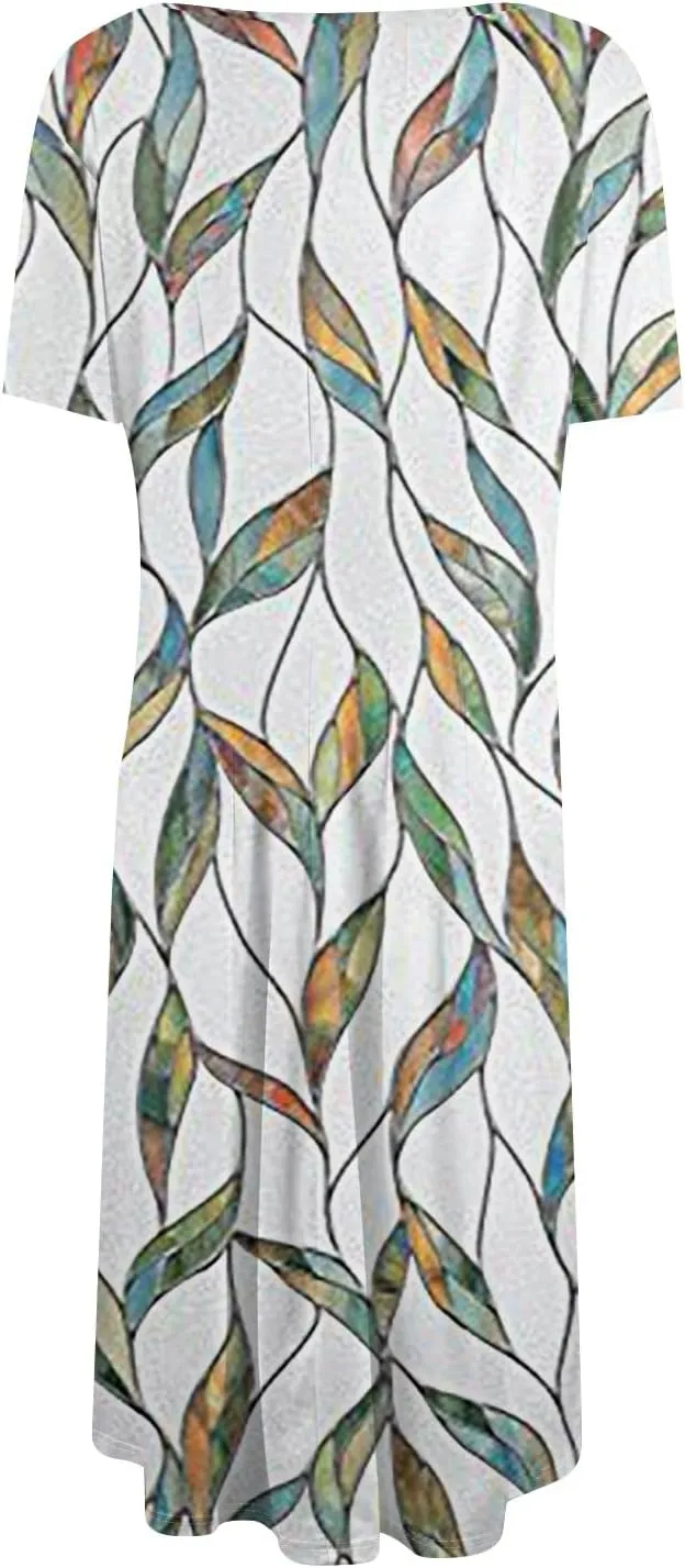 Womens Summer Short Sleeve Midi Dresses Casual Floral A-Line Dress Flowy Beach Vacation Sundress with Pocket