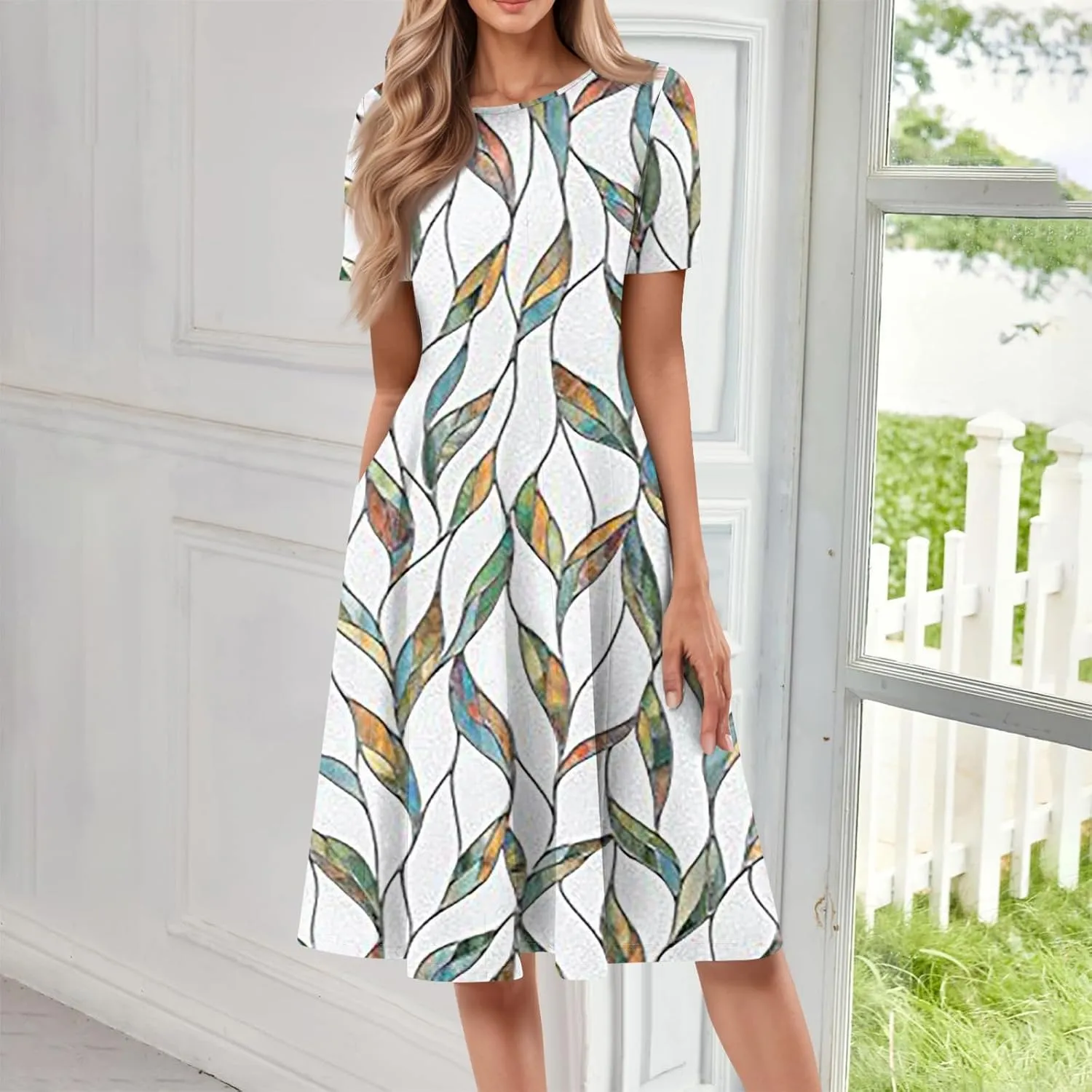 Womens Summer Short Sleeve Midi Dresses Casual Floral A-Line Dress Flowy Beach Vacation Sundress with Pocket