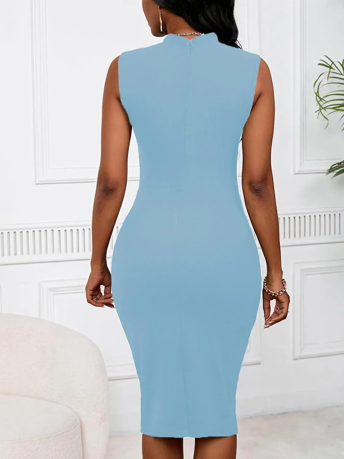 Womens Summer Sleeveless Bodycon Work Dresses for Women Tie Neck Ruched Cocktail Pencil Midi Dress