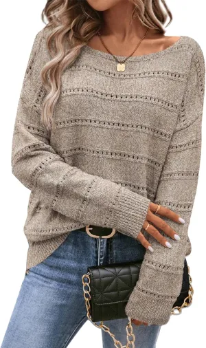 Women's Sweater Soft Boat Neck Hollow Out Long Sleeve Sweater Top Crochet Knit Tops
