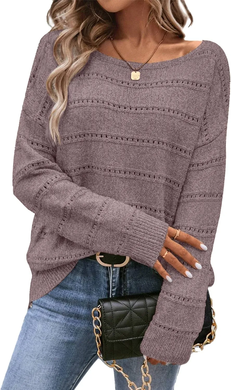 Women's Sweater Soft Boat Neck Hollow Out Long Sleeve Sweater Top Crochet Knit Tops