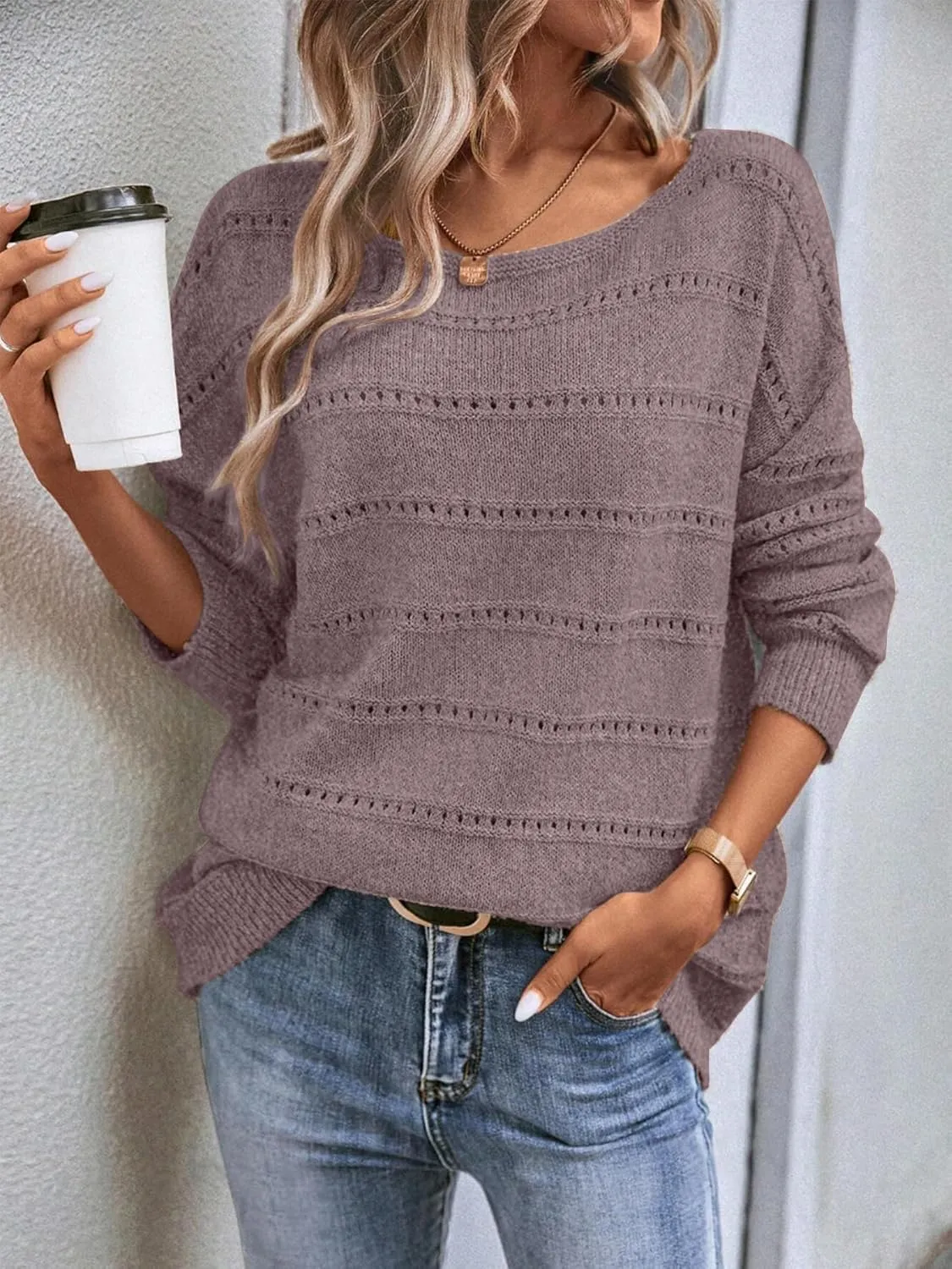 Women's Sweater Soft Boat Neck Hollow Out Long Sleeve Sweater Top Crochet Knit Tops