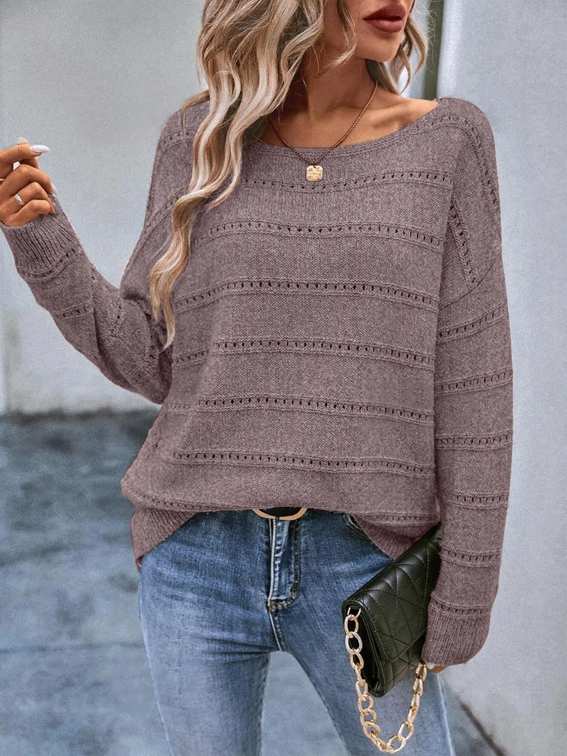 Women's Sweater Soft Boat Neck Hollow Out Long Sleeve Sweater Top Crochet Knit Tops
