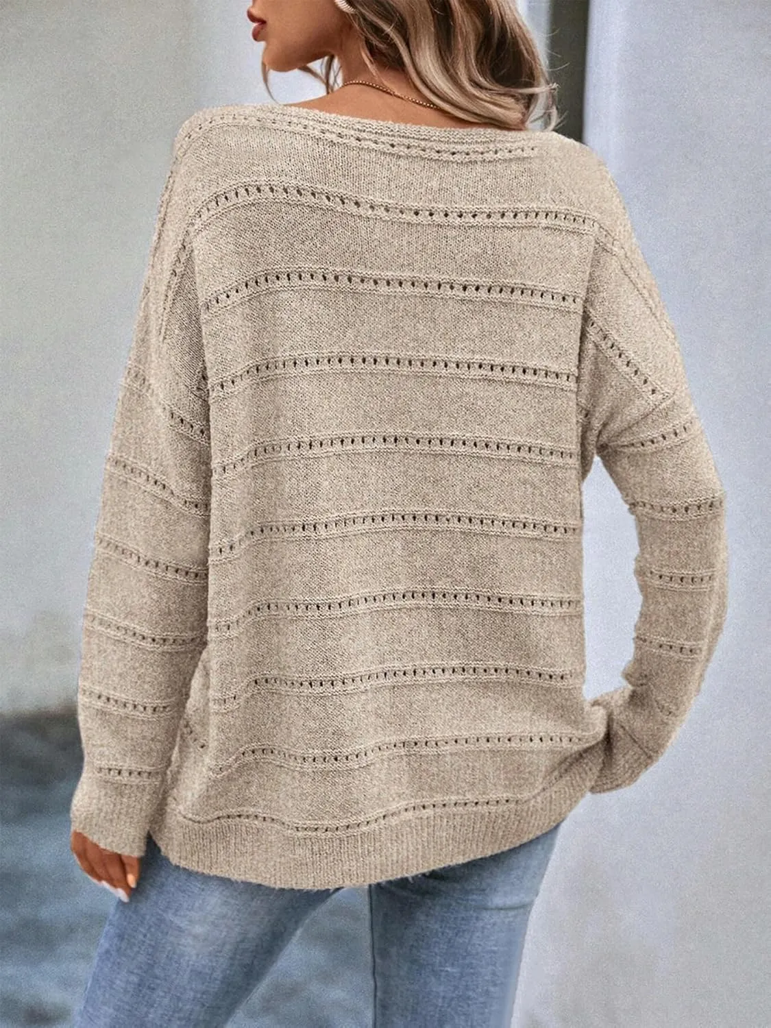 Women's Sweater Soft Boat Neck Hollow Out Long Sleeve Sweater Top Crochet Knit Tops